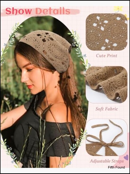 Floral Crochet Hair Bandanas Headscarf 2-Pack Vintage Daisy Headband main image 5